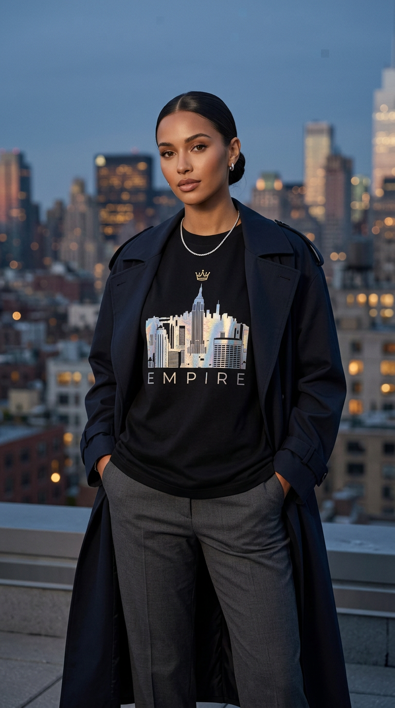 Woman wearing the Midnight Crown chrome skyline tee at dusk on a rooftop